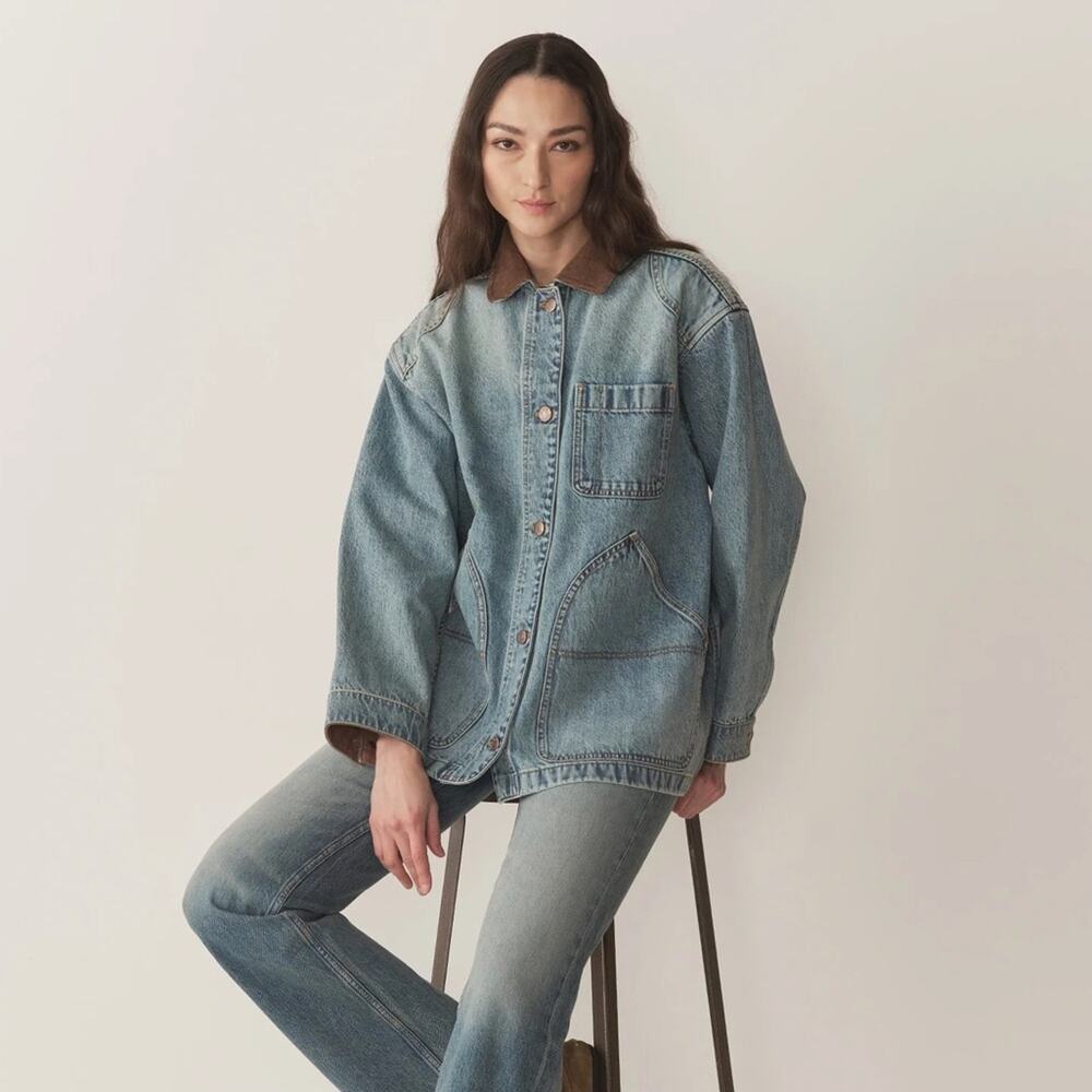 NWT Doen Pascual Cotton Denim Jean Corduroy Collar Barn Jacket Deveraux Wash - Picture 5 of 14
